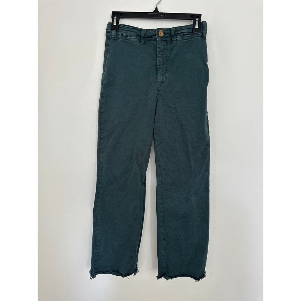 Marine Layer Bridget Crop Pant Womens 6 High Rise Wide Leg Dark Green Raw Hem
